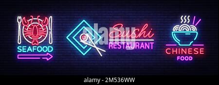 Collezione Neon Signs Food. Set Logos in stile neon sushi, pesce, aragosta, cibo cinese, emblema leggero, pubblicità notturna al neon per ristorante, snack Illustrazione Vettoriale