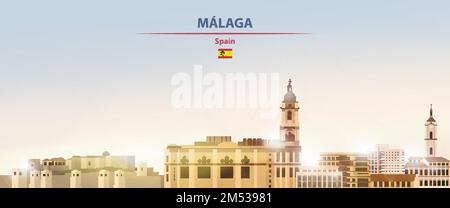 Paesaggio urbano di Malaga sullo sfondo del cielo all'alba con sole splendente. Illustrazione vettoriale Illustrazione Vettoriale
