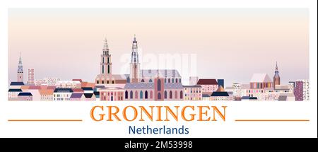 Skyline di Groningen con colori luminosi e grafica vettoriale Illustrazione Vettoriale