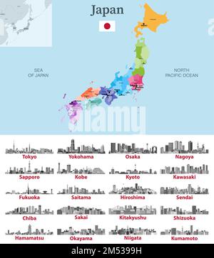 Mappa del Giappone con le principali città. Le città giapponesi sono le illustrazioni in colori bianco e nero. Set vettoriale Illustrazione Vettoriale