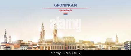 Il paesaggio urbano di Groningen sullo sfondo del cielo all'alba con sole splendente. Illustrazione vettoriale Illustrazione Vettoriale