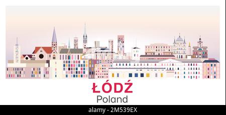 Skyline di Lodz con poster vettoriale con tavolozza di colori luminosi Illustrazione Vettoriale