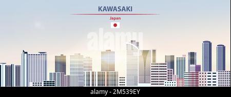 Paesaggio urbano di Kawasaki sullo sfondo del cielo all'alba con sole splendente. Illustrazione vettoriale Illustrazione Vettoriale