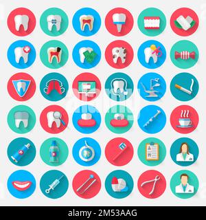 Icone odontoiatria isolato in uno stile di design piatto. Illustrazione vettoriale simboli elementi sul tema della stomatologia e ortodonzia, cura dentale, carie Illustrazione Vettoriale