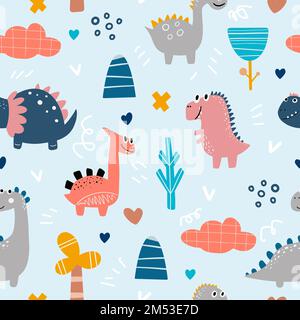 Baby pattern con dinosauri. Motivo bambino colorato a ripetizione Vector disegnato a mano con graziosi dinosauri, lettere in stile scandinavo Illustrazione Vettoriale