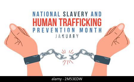 Concetto del mese sulla schiavitù nazionale e la prevenzione della tratta di esseri umani. Banner con mani in corde manette e testo. Illustrazione Vettoriale