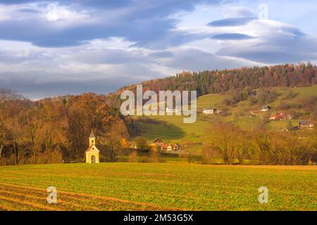 Campi agricoli e piccola cappella gialla nell'affascinante città di Rein (famosa per la bella Abbazia di Rein) vicino a Graz, Steiermark, Austria Foto Stock