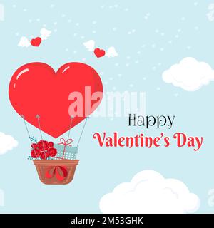 Il cuore forma una mongolfiera, una scatola regalo e un bouquet di rose. Felice illustrazione vettore di San Valentino. Illustrazione Vettoriale