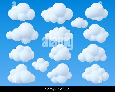 Progettazione cloud 3D, design astratto soft cloud semplice. Elementi del cartoon del cielo, icone delle bolle del tempo. Simboli dei dati, vettore di colore bianco realistico e alla moda Illustrazione Vettoriale