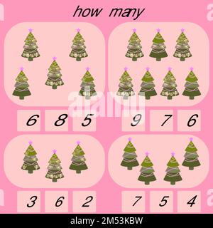 Per i bambini sotto i 6 anni, contare quanti alberi di Natale nella foto Illustrazione Vettoriale