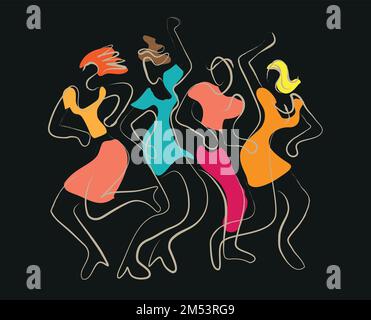 Giovani che ballano in discoteca, line art Illustrazione colorata espressiva delle persone che ballano su sfondo nero.Vector disponibile. Illustrazione Vettoriale