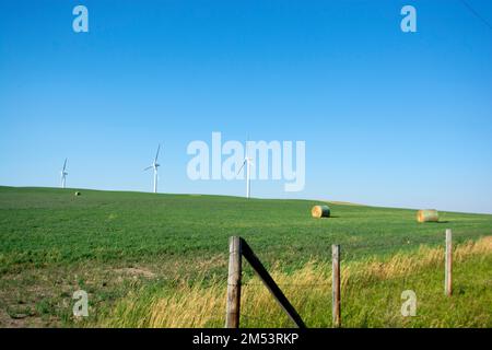 Turbina eolica che fornisce energia eolica - energia sostenibile in azienda agricola in campagna. Foto Stock