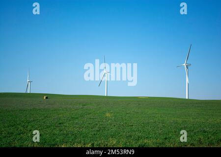 Turbina eolica che fornisce energia eolica - energia sostenibile in azienda agricola in campagna. Foto Stock