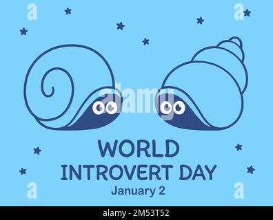 Illustrazione del World Introvert Day. Due graziose lumache di cartoni animati che si nascondono nelle loro conchiglie. Disegno vettoriale. Illustrazione Vettoriale