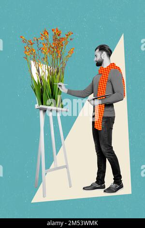 Creative 3D foto collage composito di giovane artista indossare elegante arancione maglia sciarpa disegno fotorealismo fiori isolati su sfondo blu Foto Stock