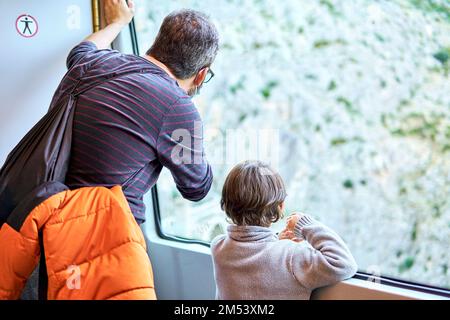 padre e figlio che viaggiano in un treno che guarda fuori dalla finestra Foto Stock