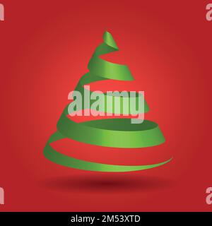 Nastro verde lucido a forma di albero di Natale. Moderno ed elegante tema di buon Natale. Illustrazione vettoriale 3D con ombreggiatura e sfondo sfumato rosso. Illustrazione Vettoriale