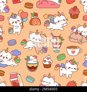 Divertente modello di gatti unicorno. Stampa colori pastello, carini gattini con code arcobaleno, animali magici e dolci. Decorazioni in tessuto infantile, impacchetto Illustrazione Vettoriale