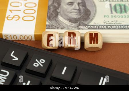 Concetto aziendale. Sulla tabella sono riportati i dollari, una calcolatrice e i cubi con l'iscrizione ERM Foto Stock