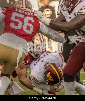 Santa Clara, California, Stati Uniti. 24th Dec, 2022. San Francisco 49ers Defensive End Nick Bosa (97) sacks Washington Commanders quarterback Taylor Heinicke (4) Sabato, 24 dicembre 2022, al Levis Stadium di Santa Clara, California. Il 49ers sconfisse i Comandanti 37-20. (Credit Image: © al Golub/ZUMA Press Wire) Foto Stock