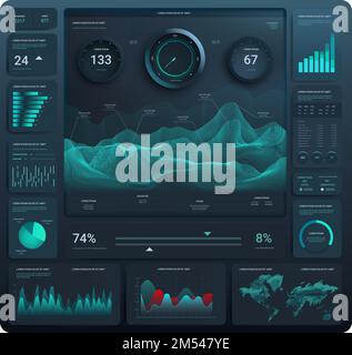 Design futuristico del cruscotto con grafici, pianeta e grafici. Modello del centro di controllo dati HUD. Display head-up e interfaccia utente grafica utente futuristica, interfaccia utente Illustrazione Vettoriale