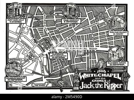 Riproduzione vintage di 1888 Whitechapel, Londra, raffigurante la mappa della localizzazione dei crimini di 'Jack lo Squartatore' Foto Stock