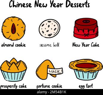 CNY Celebration, Chinese New Year Dessert illustrazione vettoriale in stile doodle. Illustrazione Vettoriale