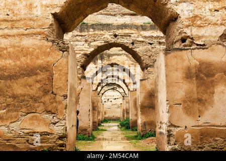 Infinite file di archi in argilla, rovine delle ex scuderie reali, complesso del palazzo Heri es-Souani, patrimonio dell'umanità dell'UNESCO, set cinematografico Foto Stock