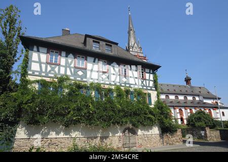 Casa a graticcio e tardo gotico di San Mark's Church, overgrown, edy, Erbach, Eltville, Rheingau, Taunus, Assia, Germania Foto Stock