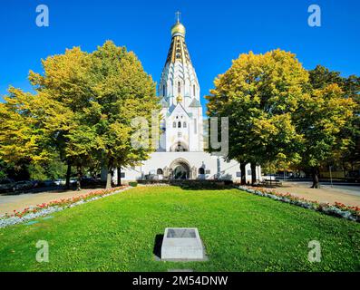 Chiesa ortodossa russa commemorativa di Sant'Alexei, Chiesa russa in autunno, Lipsia, Sassonia, Germania Foto Stock