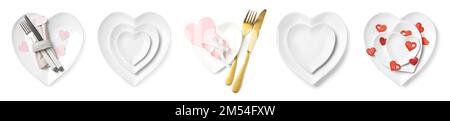 Collage di bellissimi piatti a forma di cuore con posate e regalo su sfondo bianco Foto Stock