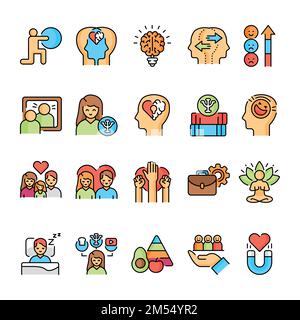 Set di icone a colori per la salute mentale. Comportamento umano. Autoeducazione Illustrazione Vettoriale