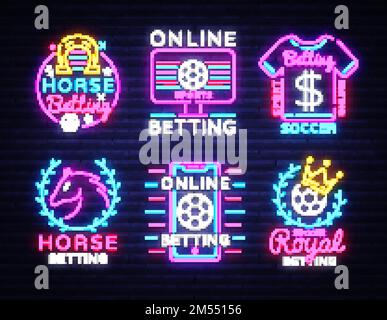 Scommesse Big Collezione neon segni. Set scommesse sport logo in stile neon, cavallo, calcio, calcio concept, banner leggero, pubblicità di scommesse sportive notturne Illustrazione Vettoriale