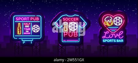 Collezione sport bar logo neon vector. Sports pub set neon insegne, concetti di calcio e calcio, notte luminoso cartello per bar pub sport, fan club, Illustrazione Vettoriale