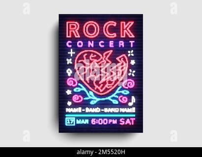 Concerto di musica rock poster vettore. Design Template Rock Music Festival, Neon Style, Neon Banner, Light Flyer, Concert Invitation, Musica rock and roll, Illustrazione Vettoriale