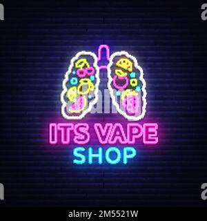 Vape shop neon segno vettore. Vaping Store Logo Emblem Neon, il suo concetto di Vape Shop con polmoni e frutta, lotta al fumo. Elementi di design alla moda per Illustrazione Vettoriale