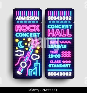 Modello di design del biglietto per il concerto rock in stile moderno. Biglietti da concerto Vector Illustration, Neon Style, Light Banner, Bright Advertising per Conce Illustrazione Vettoriale