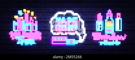 Vape negozio neon collezione di segni vettore. Vaping Store Logo Set Emblem Neon, il suo concetto Vape Shop Vapor Town, Rainbow e-Liquids, Fighting Smoking. TREN Illustrazione Vettoriale