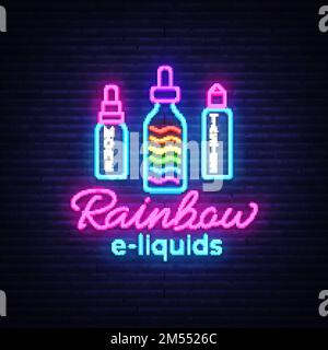 Vettore neon con logo Vape Shop. Rainbow e-Liquids Concept, Vape neon design template, banner luminoso, pubblicità notturna luminosa per Vaping store, trendy Illustrazione Vettoriale