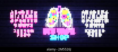 Vape shop neon segno vettore. Vaping Store Logo Emblem Neon, il suo concetto di Vape Shop con polmoni e frutta, lotta al fumo. Elementi di design alla moda per Illustrazione Vettoriale