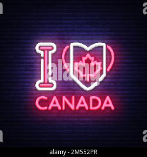 Amo il segno vettore del neon del Canada. I love Canada simbolo banner luce, notte luminosa Illustrazione. Illustrazione vettoriale. Illustrazione Vettoriale