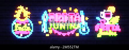 Festa Junina biglietto d'auguri collezione disegno modello neon vettore. Design moderno, insegna al neon, banner luminoso. Vector Brazilian June Festival per gr Illustrazione Vettoriale
