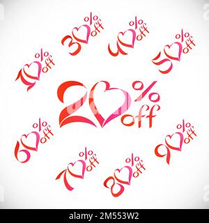 Percentuali di vendita. Set creativo di numeri. Fino al 10-90% di sconto. Concetto di icona del cuore. Calligrafia elegante. Modello di disegno grafico isolato astratto. Illustrazione Vettoriale