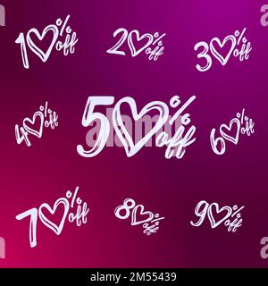 Set di sconti creativi per San Valentino, shopping di nozze, Festa della donna o della mamma. Fino al 10-90% di sconto. Numeri isolati con la collezione di cuori Illustrazione Vettoriale