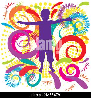 Silhouette per bambini con sfondo colorato e vorticoso; silhouette viola con effetto swirl sul retro Illustrazione Vettoriale