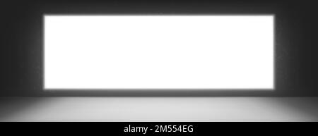 Schermo TV o cinema, monitor TV vuoto su sfondo scuro. Display LCD luminoso bianco, cartellone pubblicitario o schermo per la visualizzazione di video, pannello al plasma vuoto realistico 3D vettoriale mock up Illustrazione Vettoriale