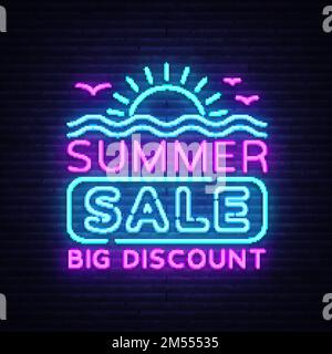 Vettore banner Neon per le vendite estive. Bright Neon Pubblicità di sconti estivi, modello di design, Banner luce, Bright Pubblicità Brochure. Vettore illus Illustrazione Vettoriale