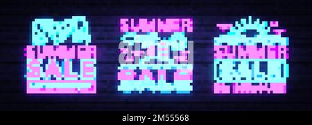 Vendite estive Neon Banners Collection Vector. Bright Neon Pubblicità di sconti estivi, modello di design, Banner luce, Bright Pubblicità Brochure. Illustrazione Vettoriale