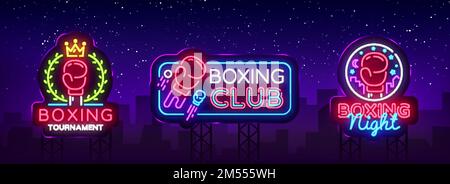 Collezione Boxing Neon Signs. Modello vettoriale di disegno. Logo della notte del torneo di boxe, cartello con su scritto Bright Neon, Design Element for Sports, Fight Night Neon Illustrazione Vettoriale