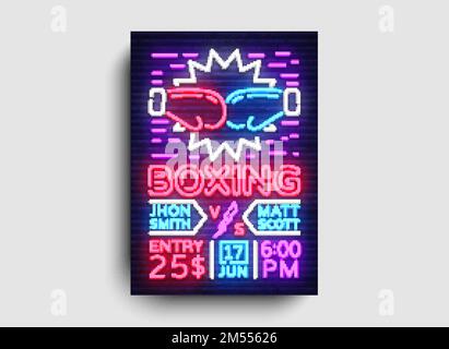 Modello di design del volantino di boxe. Boxing notte Light Banner, Design Boxing Match invito, Neon Style, Bright Brochure, Tipografia, Bright Neon Advertis Illustrazione Vettoriale